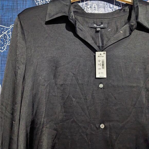 NWT Madewell Satin Darted Button-Up Shirt True Black Women's Size 14 #NN947 - Picture 7 of 13